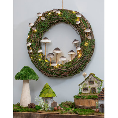 Rattan Mushroom Outdoor Wreath With Lights