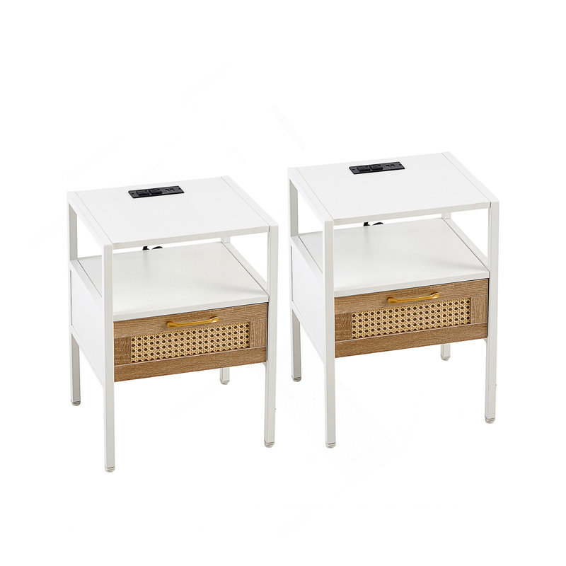 Table de bout en rotin avec prise de courant et ports USB, Naturel/noir, 2