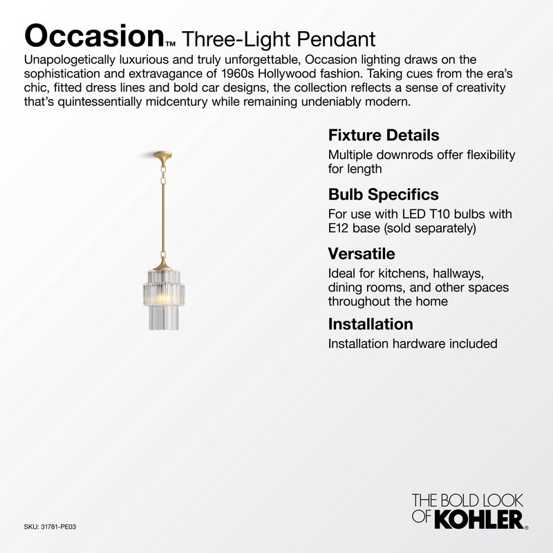 Occasion 3 Light Pendant, Brushed Moderne Brass