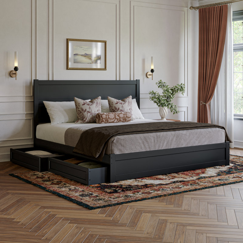 Lit plateforme avec tiroirs de rangement en bois Aveline, Très grand lit, Noir