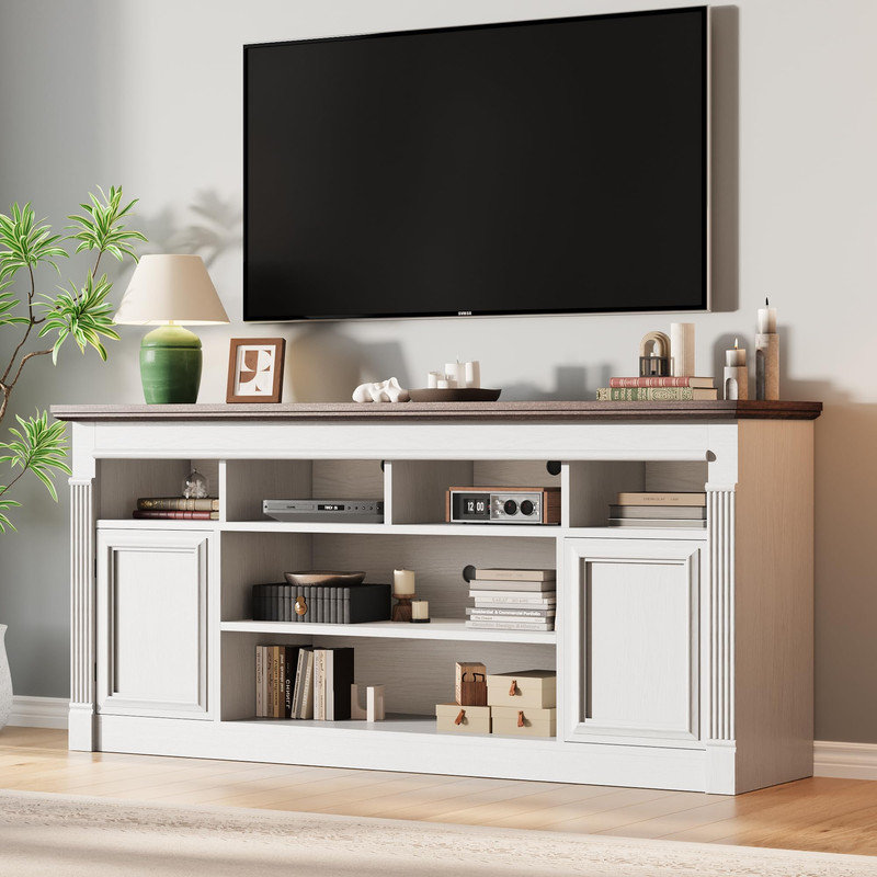 Meuble télé Farmhouse avec tablettes réglables et portes d'armoire, console multimédia pour téléviseur de 75 po ou moins
