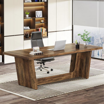 71" Executive Desk For Home Office – Industrial Rustic Wood Computer Table With Solid Wooden Pedestal, Large Writing Workstation For Study Or Business – Scratch-Resistant Finish – Rustic Brown