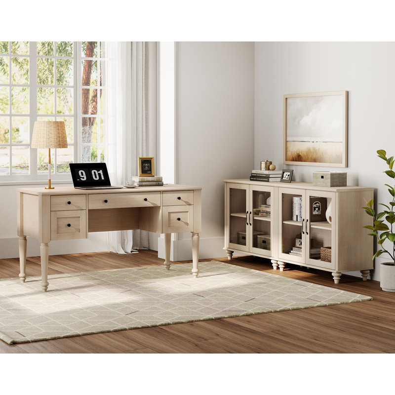 Ensemble de bureau 2 pièces, bureau double 56 po et ensemble de 2 armoires avec porte vitrée, beige