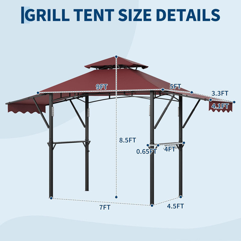 8x5 ft Grill Gazebo with Adjustable Dual Side Awnings, 2-Tier BBQ Canopy with 2 Shelves, Hooks, 4 LED Lights, Ceiling Hook, Steel Frame for Backyard