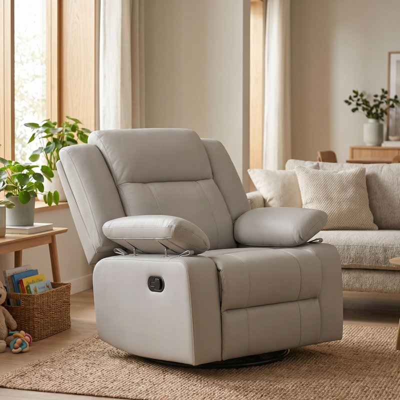 34”W Upholstered Swivel Reclining Rocking Chair, Gray