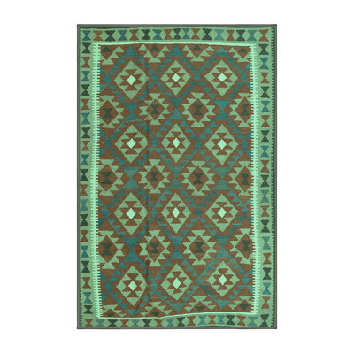 Tapis turquoise / brun en laine / polyester tissé à la machine Ikat 7 pi x 10 pi