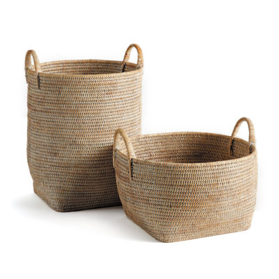 Qiana Whitewash Rattan Woven Orchard Storage Baskets, Set of 2