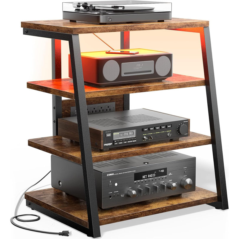 AV Media Stand With Outlets, Media Console With LED Lights, Stereo Racks And Stands With Storage Shelves, Media Audio Tower Cabinet