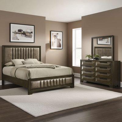 Boudin Queen Size Upholstered Panel Bed 3-Piece Bedroom Set with Channel-Tufted Headboard and Footboard, Walnut Wood Frame, Storage Dresser and Framed Mirror