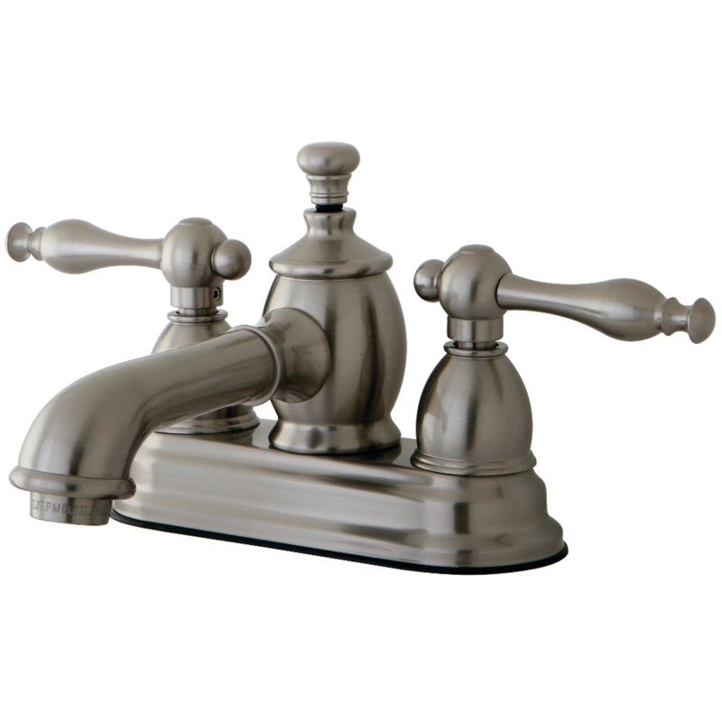 Kingston Brass Naples Two-Handle 3-Hole Deck Mount 4" Centerset Bathroom Faucet with Brass Pop-Up, Brushed Nickel