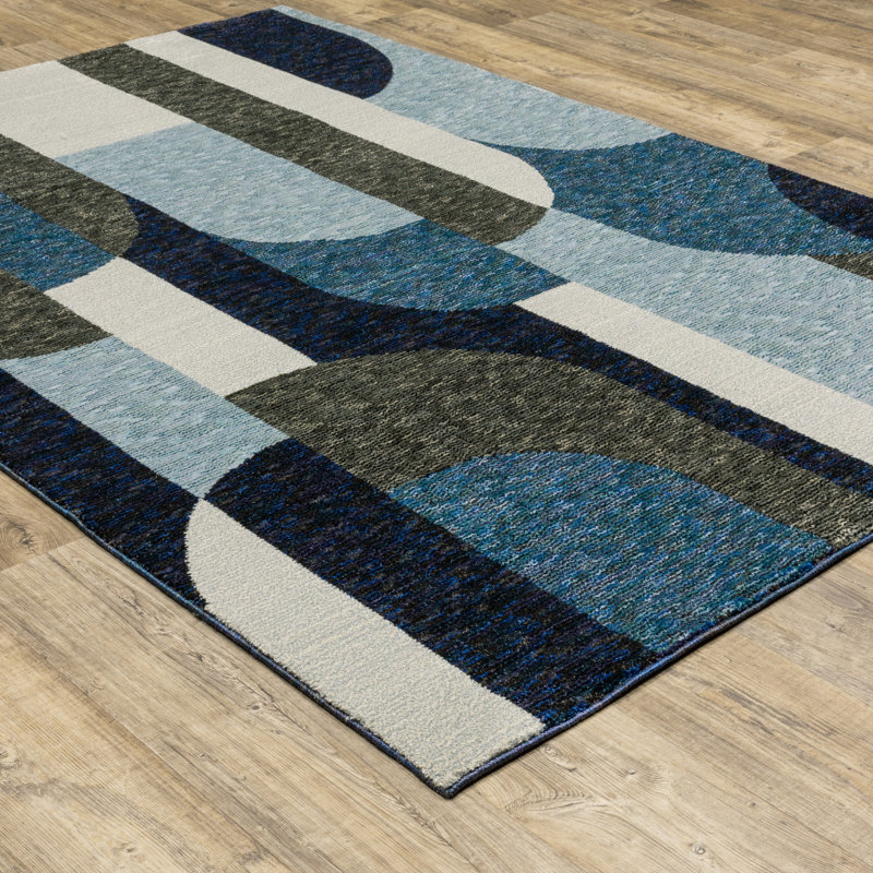 Tapis tissé à la machine 3 pi x 5 pi bleu gris anthracite et mauve à motif géométrique