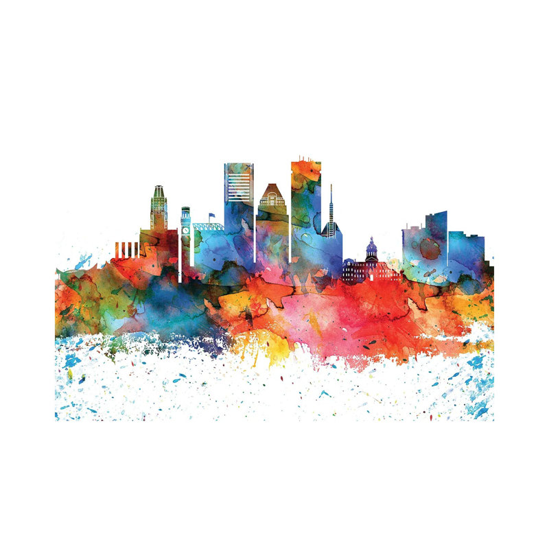 Baltimore Colourful Watercolour Skyline by WallDecorAddict - Wrapped Canvas Painting, 20.32 cm H x 30.48 cm W