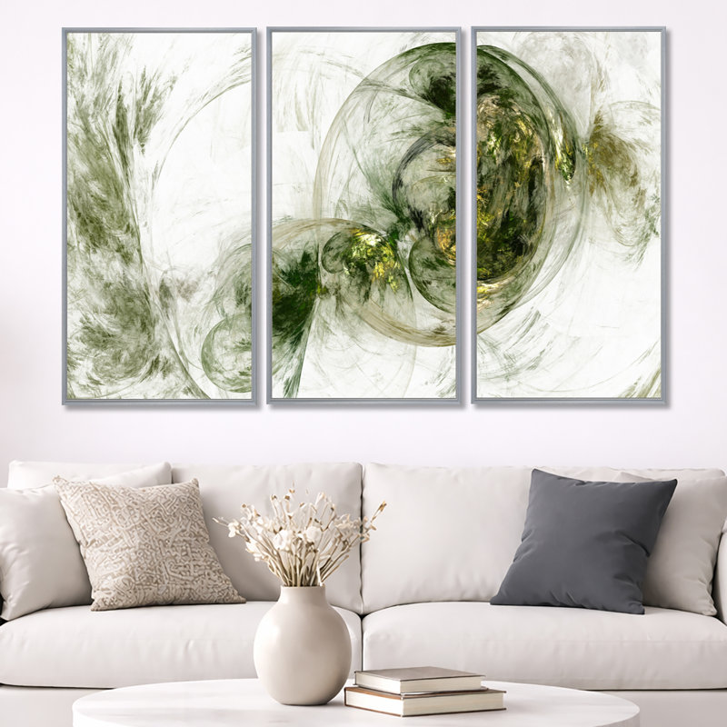 Coloured Smoke Green - ensemble de 3 reproductions d'art encadrées abstraites sur toile, 40" H x 60" W, Argent argent