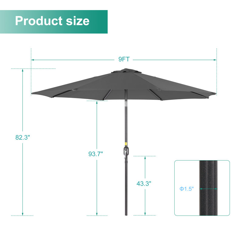 Parasol de patio 9 pi avec cadre en métal robuste à 8 nervures, Gris foncé