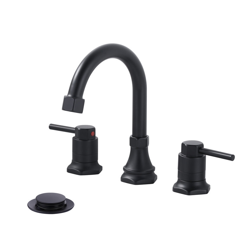8 In. Widespread Double Handle High Arc Bathroom Faucet With Drain Kit Included In Matte Black, Matte Black