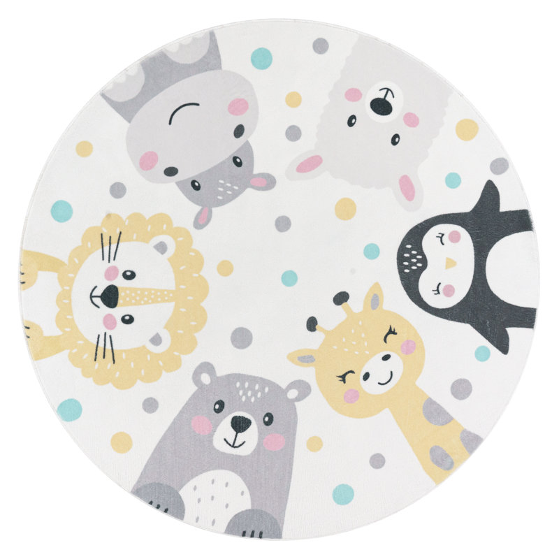 Hasson Kids Zoo Animals Penguin Llama Hippo Lion Bear Power Loom Cream/Grey/Yellow Rug, Round 200cm