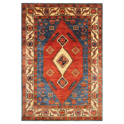 Tapis unique rouge / beige / bleu noué à la main de haute qualité