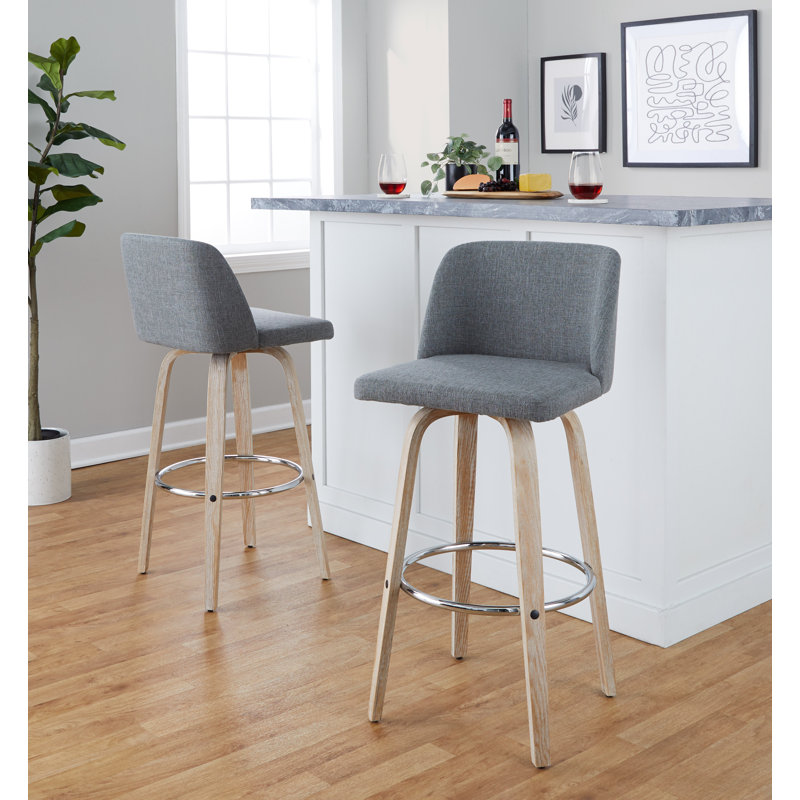 Thea 30" Fixed-Height Bar Stools with Bent Wood Legs & Round Footrest, Gray Polyester Blend, White Washed/Chrome