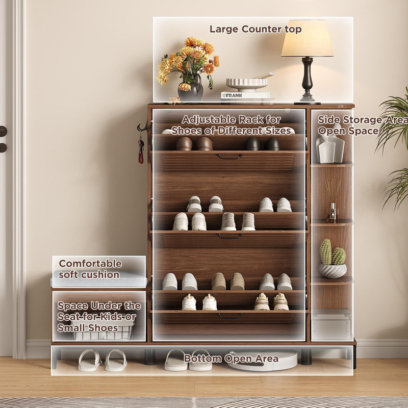 Armoire à chaussures étroite avec banc et 3 portes à persiennes pour l'entrée, Brown