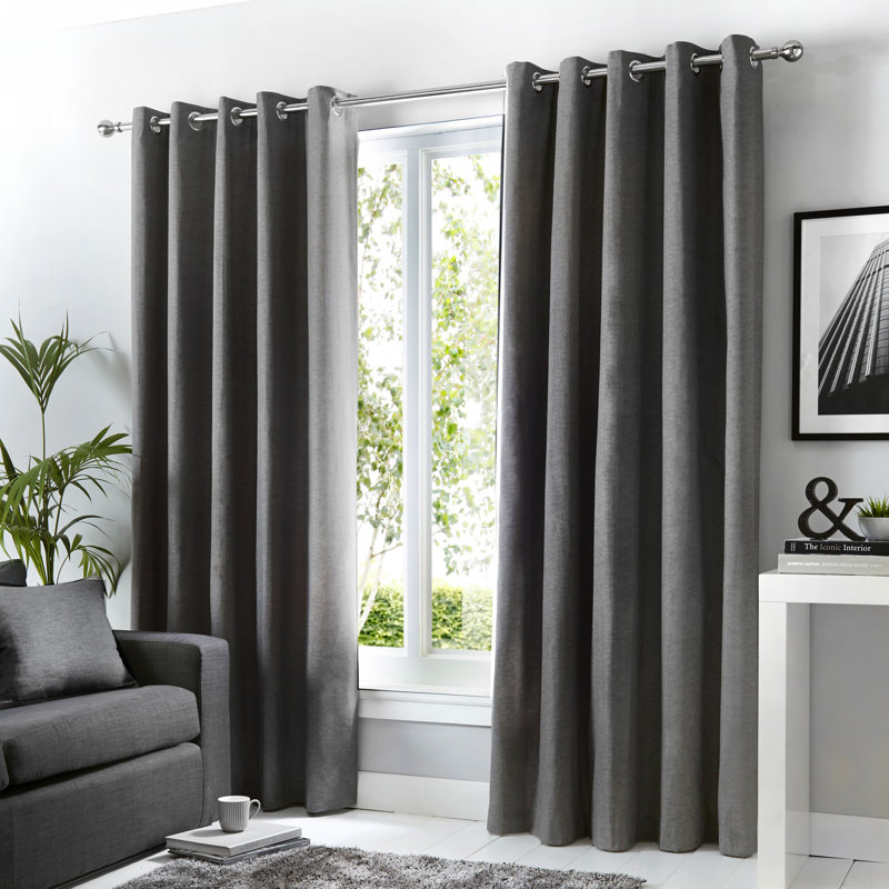 Cotton Blend Room Darkening Curtain Pair, Charcoal, Width 168 x Drop 183 cm