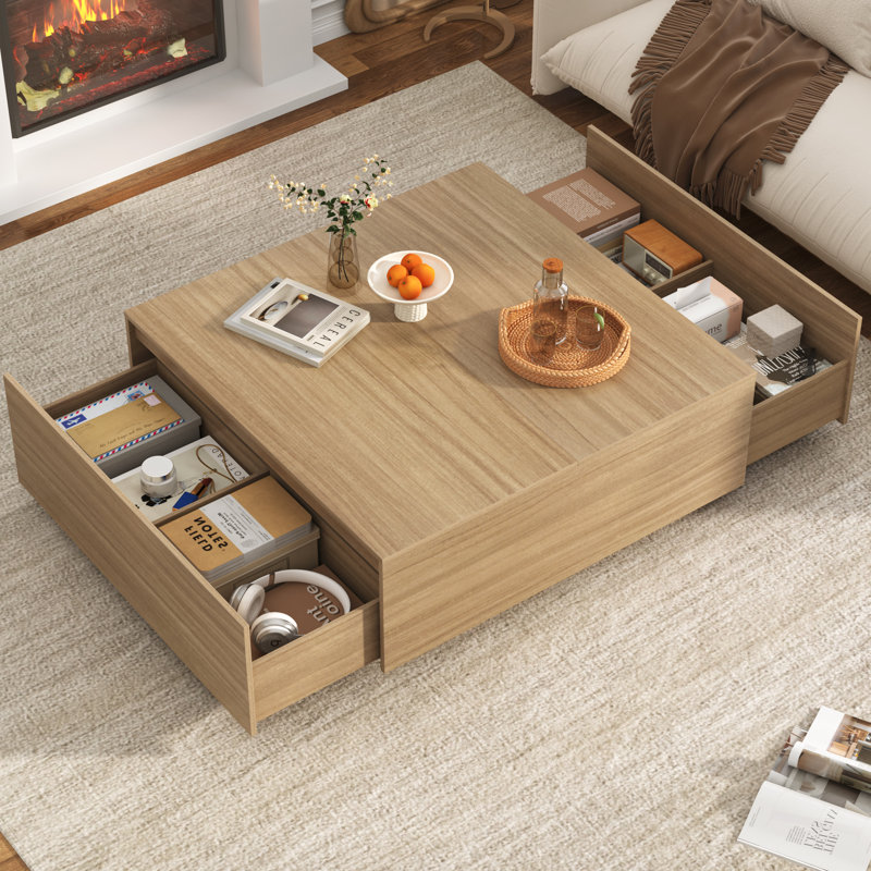 Oak Square Coffee Table with Metal Accents and Storage Drawers