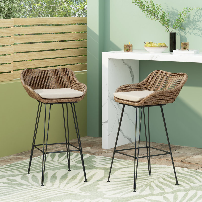  29.25” Outdoor Wicker and Iron Low Back Barstools, Set of 2, Light Brown with Beige Cushions, Modern Patio Design