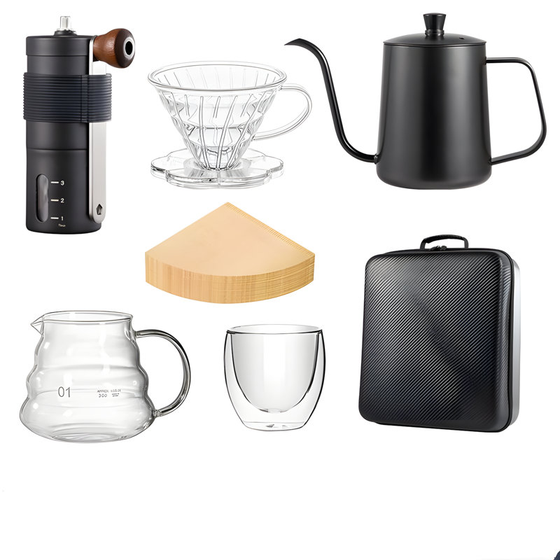 Pour Over Coffee Maker Kit With Portable Carrying Case, Dripper, Gooseneck Kettle, Glass Server, And Manual Coffee Grinder For Home And Outdoor Use