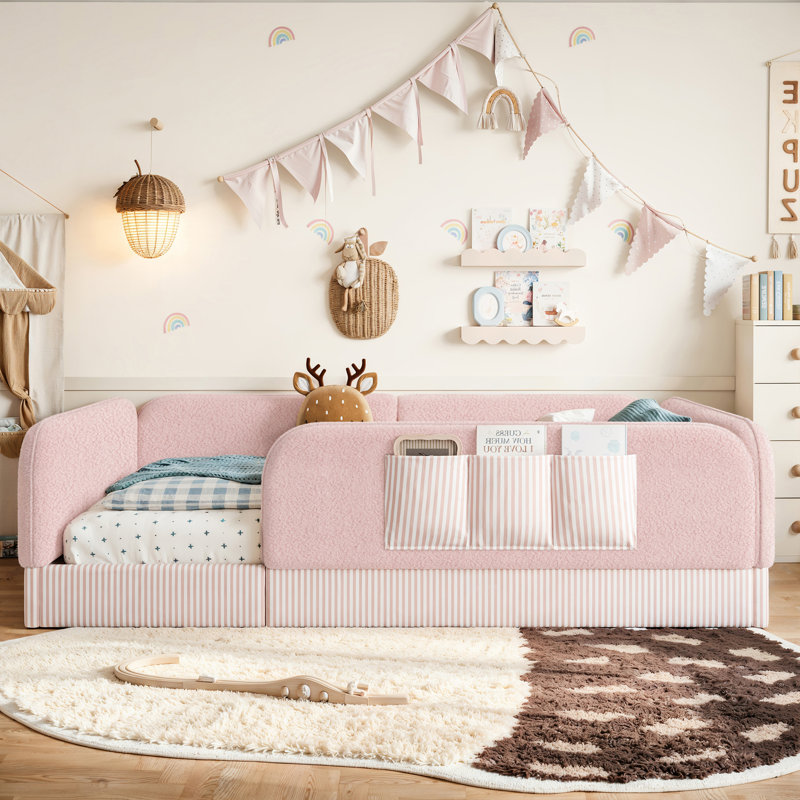 Grand lit à plancher tapissier avec rails et poche de rangement latérale, Grand lit, Rose