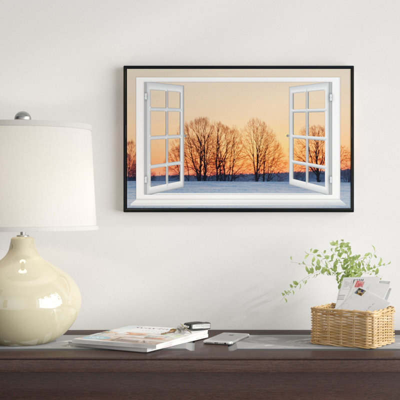 «Open Window to Snowy Sunset», reproduction d'impression sur toile tendue, H 12 po x l 20 po x P 1 po, Cadre flottant noir