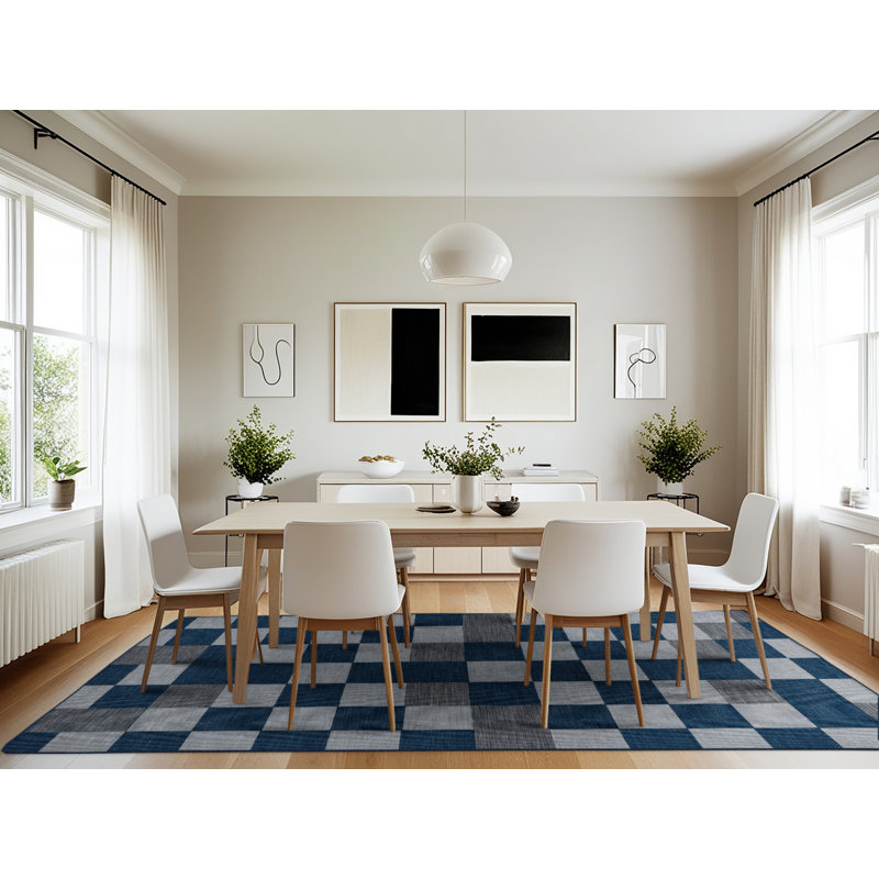 Machine Washable Checkered Blue Area Rug