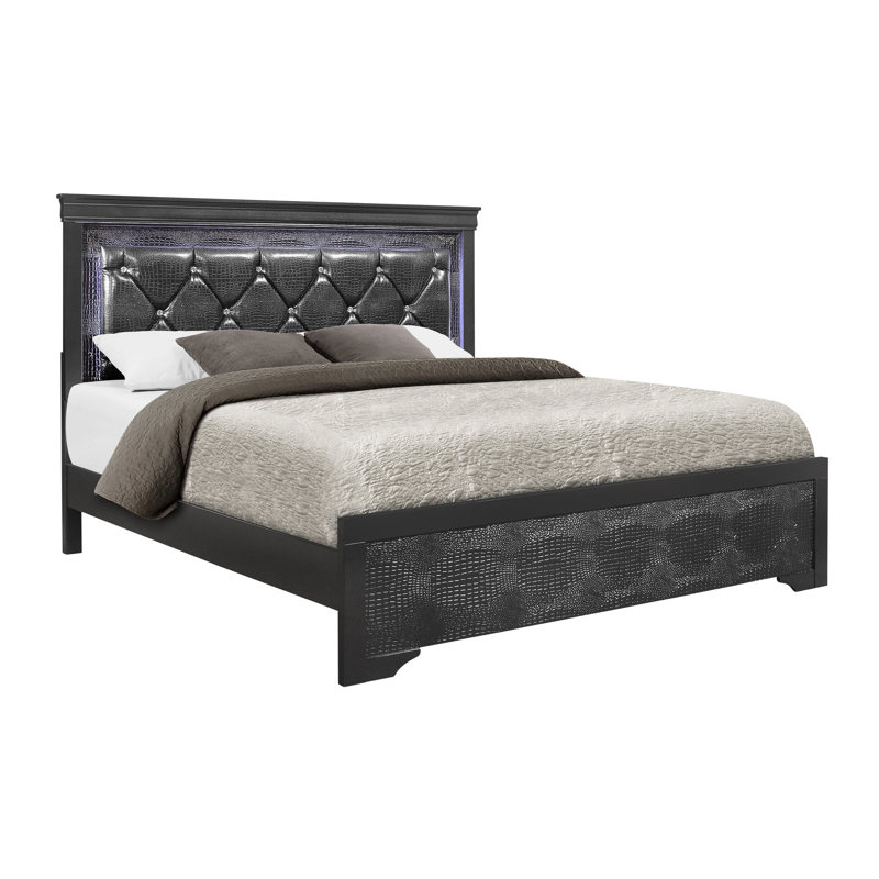 Grand lit moderne gris Shaker de style moderne avec éclairage à DEL et tête de lit rembourrée d'inspiration cristal, bois massif + lit, structure en bois d'hévéa pour la chambre à coucher, revêtement en similicuir, sommier