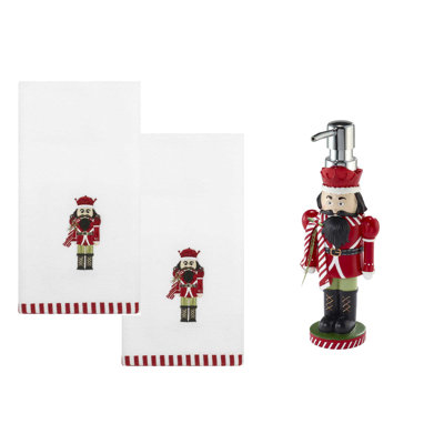 Peppermint Nutcracker Bath Lotion Dispenser & 2-Pack Fingertip Towel Set