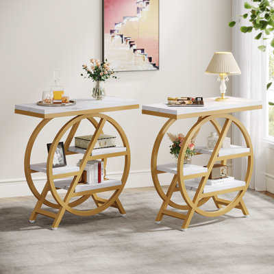 Set Of 2 End Table For Living Room, Wood Narrow Sofa Side Table With Storage And Metal Frames by Mercer41