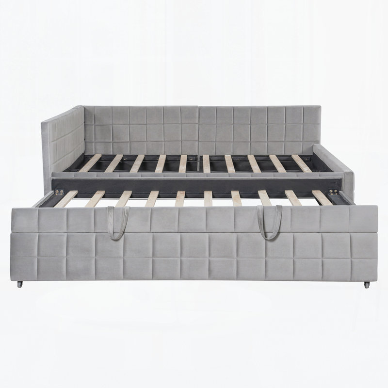 Lit de jour rembourré en L rembourré avec lit gigogne escamotable et ports USB, Gris