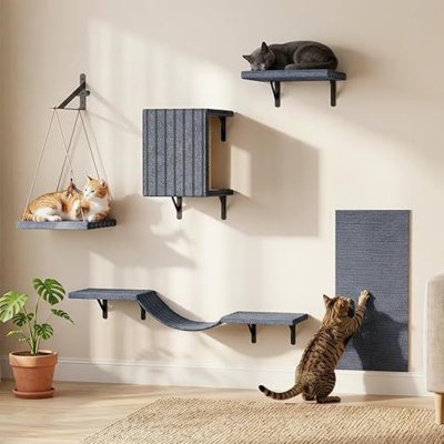 5‑Piece Solid Wood Cat Wall Shelves System, Wall‑Mounted Cat Perch Set with Cat House Cube, Swing & Bridge, Non‑Slip Felt, Heavy‑Duty Metal Brackets, Multi‑Level Cat Furniture, Match wicker storage baskets for shelves & storage basket