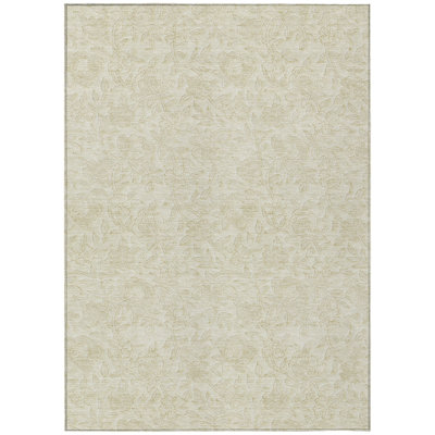 9' X 12' Ivory And Beige Floral Washable Indoor Outdoor Area Rug