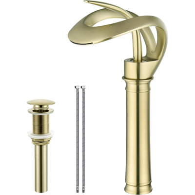 Tall Single-Hole Bathroom Sink Faucet, Waterfall Vessel Sink Faucet with Single Handle, Solid Brass Vanity Faucet with Pop-Up Drain & Supply Lines