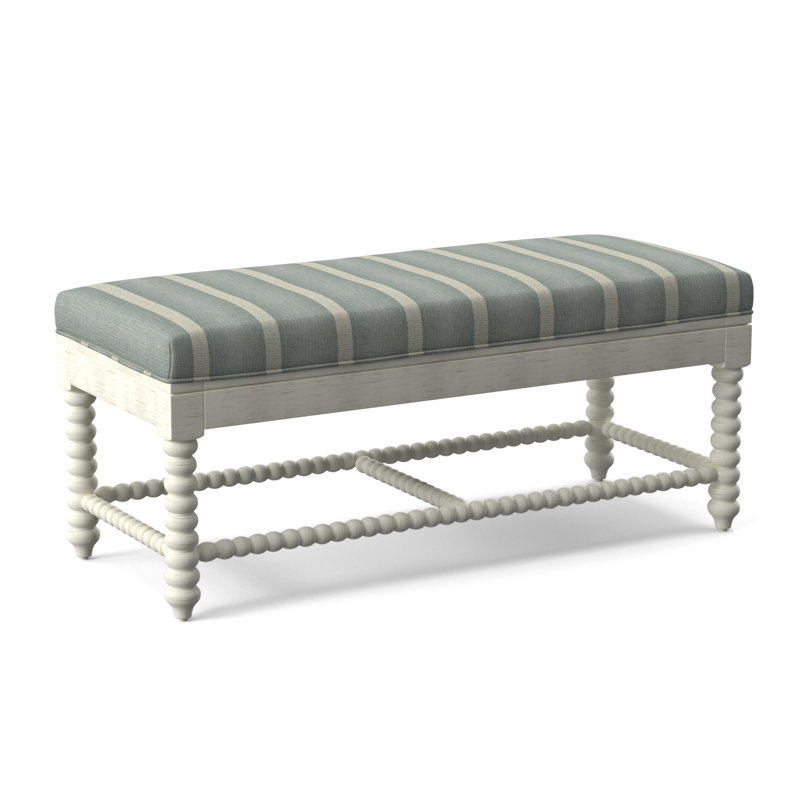 Lind Island Upholstered Bench, Antique Frost White Finish, Light Blue and White Stripe; 0256-54