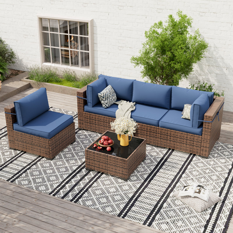 Dinyu Wicker 4 - Person Modular Patio Conversation Set with Cushions, Blue