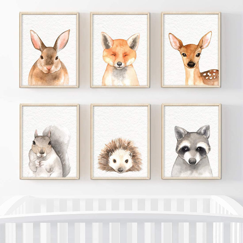 Lapin, renard, chevreuil, hérisson et raton-laveur Dare, ensemble de 6 impressions sur papier, Gris