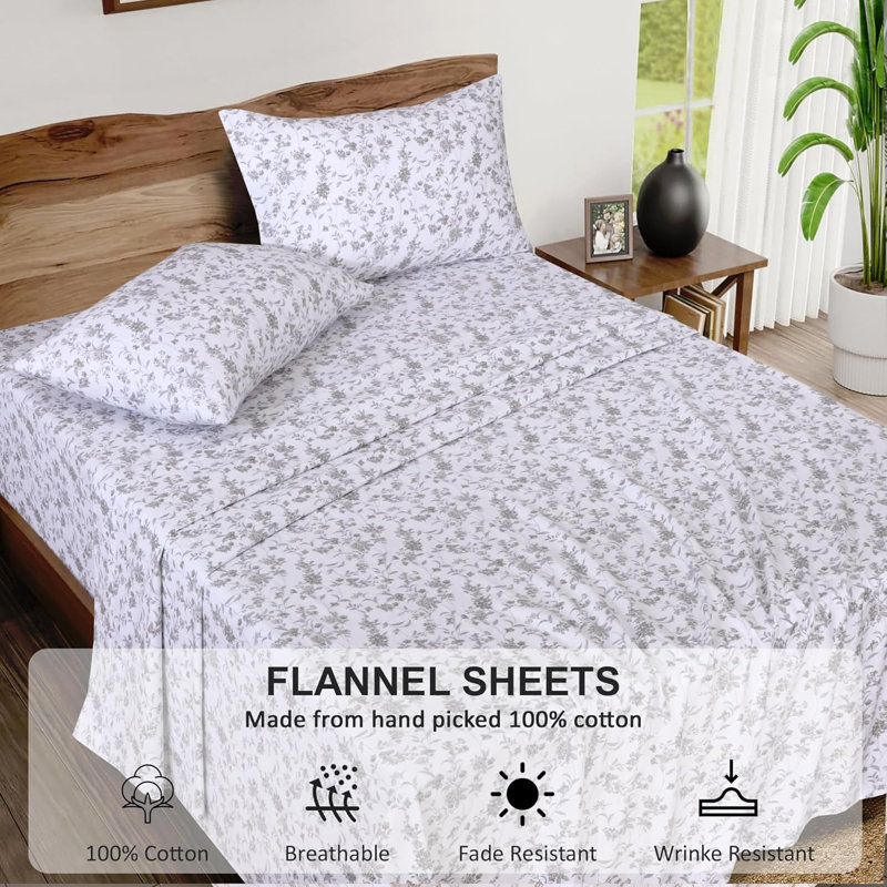 100% Cotton Flannel Sheet Set 4 Piece Warm Cozy Fall Sheets 16 inch Deep Pocket Bed Sheets, Vintage Floral