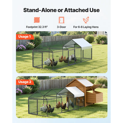 Poulailler en métal pour 6 à 8 poules, 1 m x 3 m x 1 m, petit poulailler avec toit en flèche, bâche imperméable et 3 portes, pour jardin, compatible avec les poulaillers en bois.