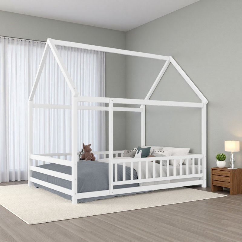 Floor Wooden Bed With House Roof Frame, Fence Guardrails, Full, White
