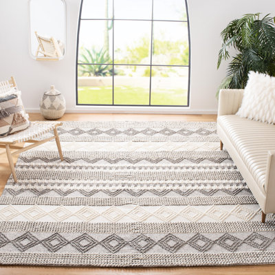 Jacques Hand Woven Wool/Cotton Striped Rug in Grey/Ivory