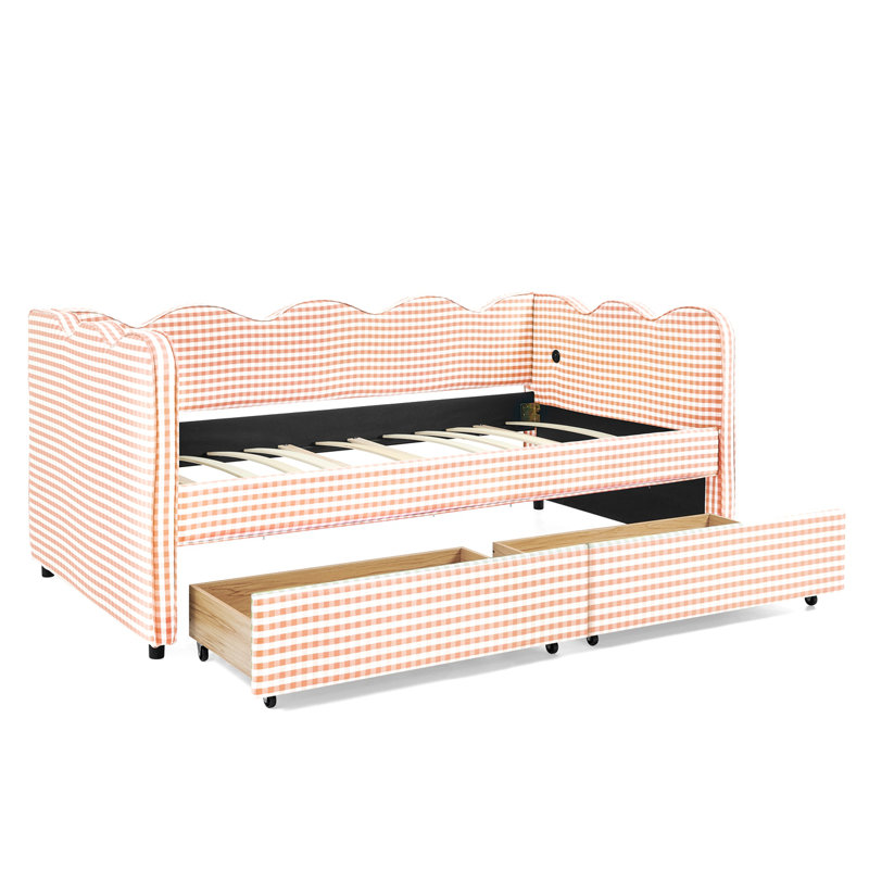 Twin Size Cozy Gingham Daybed With Two Storage Drawers, With USB Port And Adorable Wave Shaped, Linen Fabric, Twin, Pink