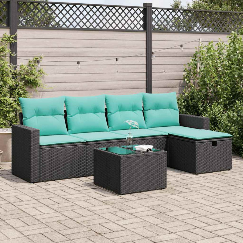  Ensemble de canapé de patio 6 pièces avec coussins en rotin de polyester, Noir, Vert