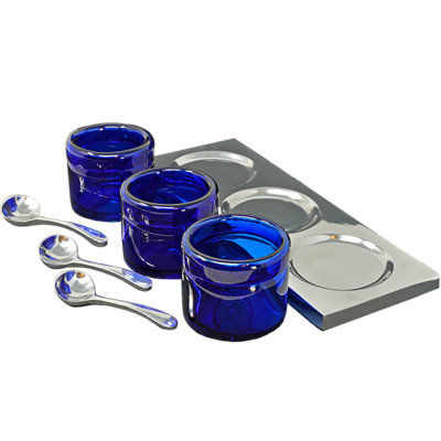 Cobalt Blue Set Of 3 Salsa Bowls On Pewter Base