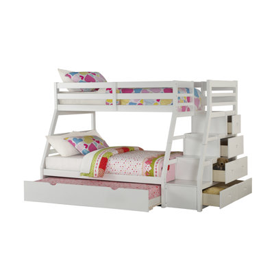 Lit superposé simple / double avec lit gigogne, rangement intégré et couleur blanche, pin, système à lattes (14 + 14), capacité de 220 lb, matelas non inclus, rangement, matériau de plis, système, charge