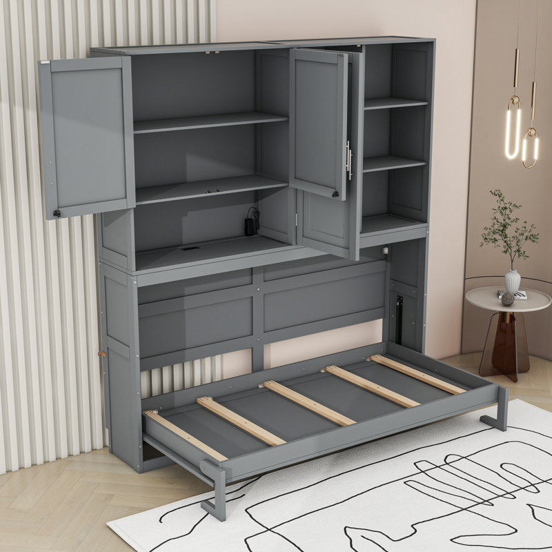 Lit simple escamotable avec armoire, tablettes lumineuses et port USB, gris