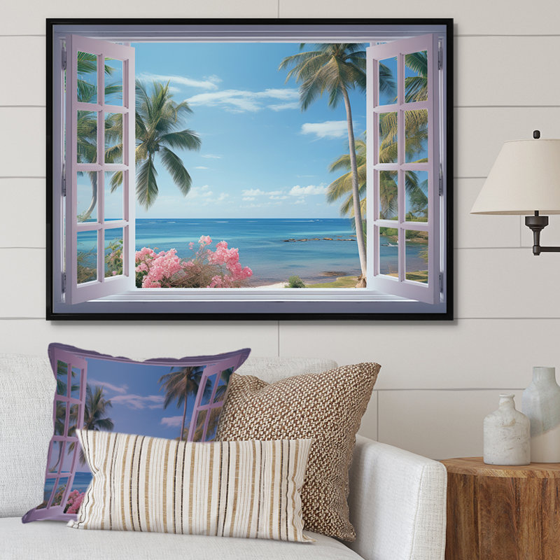 Vue sur l'océan tropical à travers une fenêtre blanche ouverte - art mural sur toile côtière, H 16 po x l 32 po x P 1 po